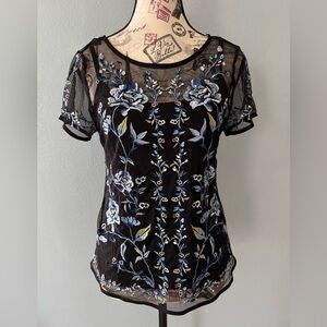 White House Black Market Black Sheer Embroidered Floral Top